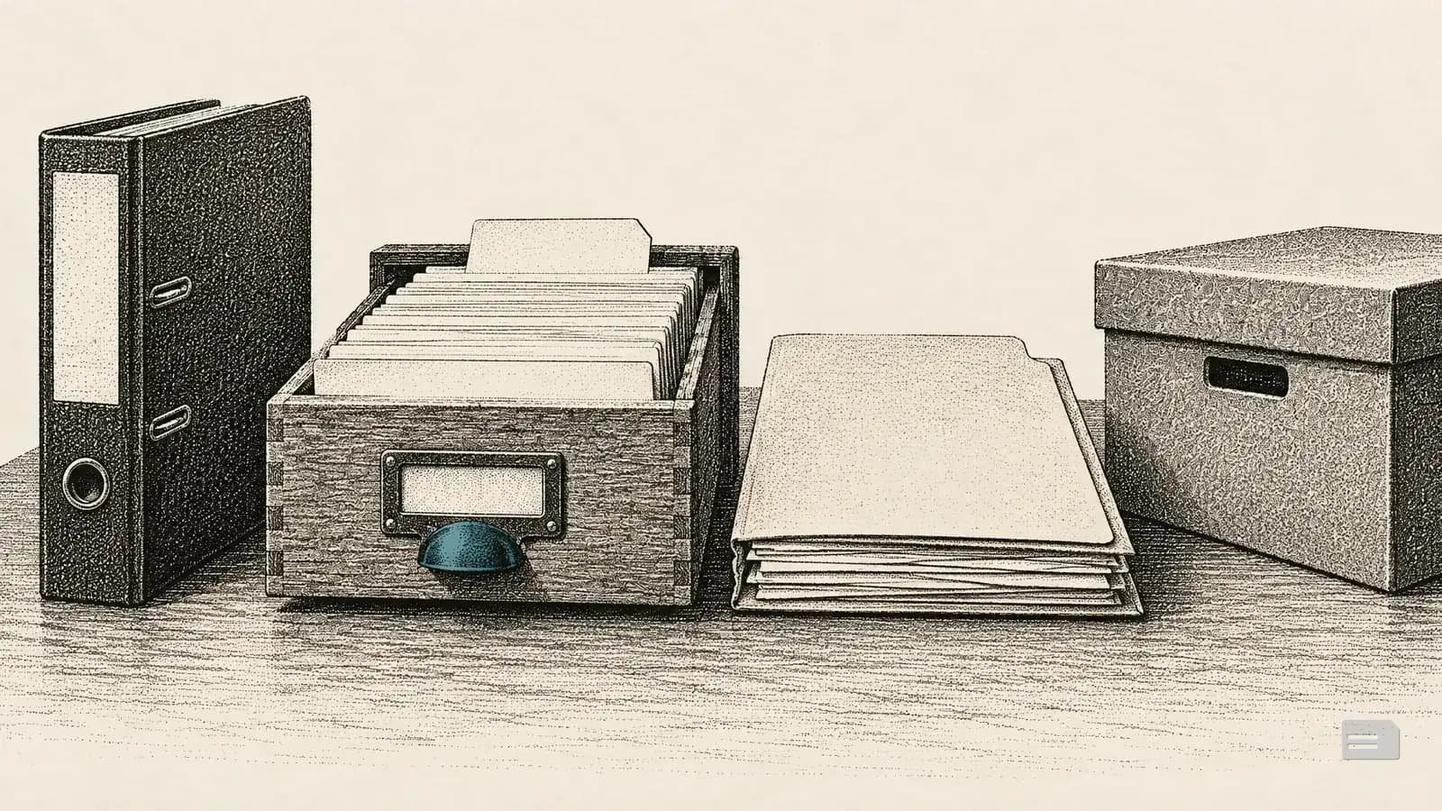 Stipple engraving of a binder, an open card box, a folder of forms and an archive box in a row