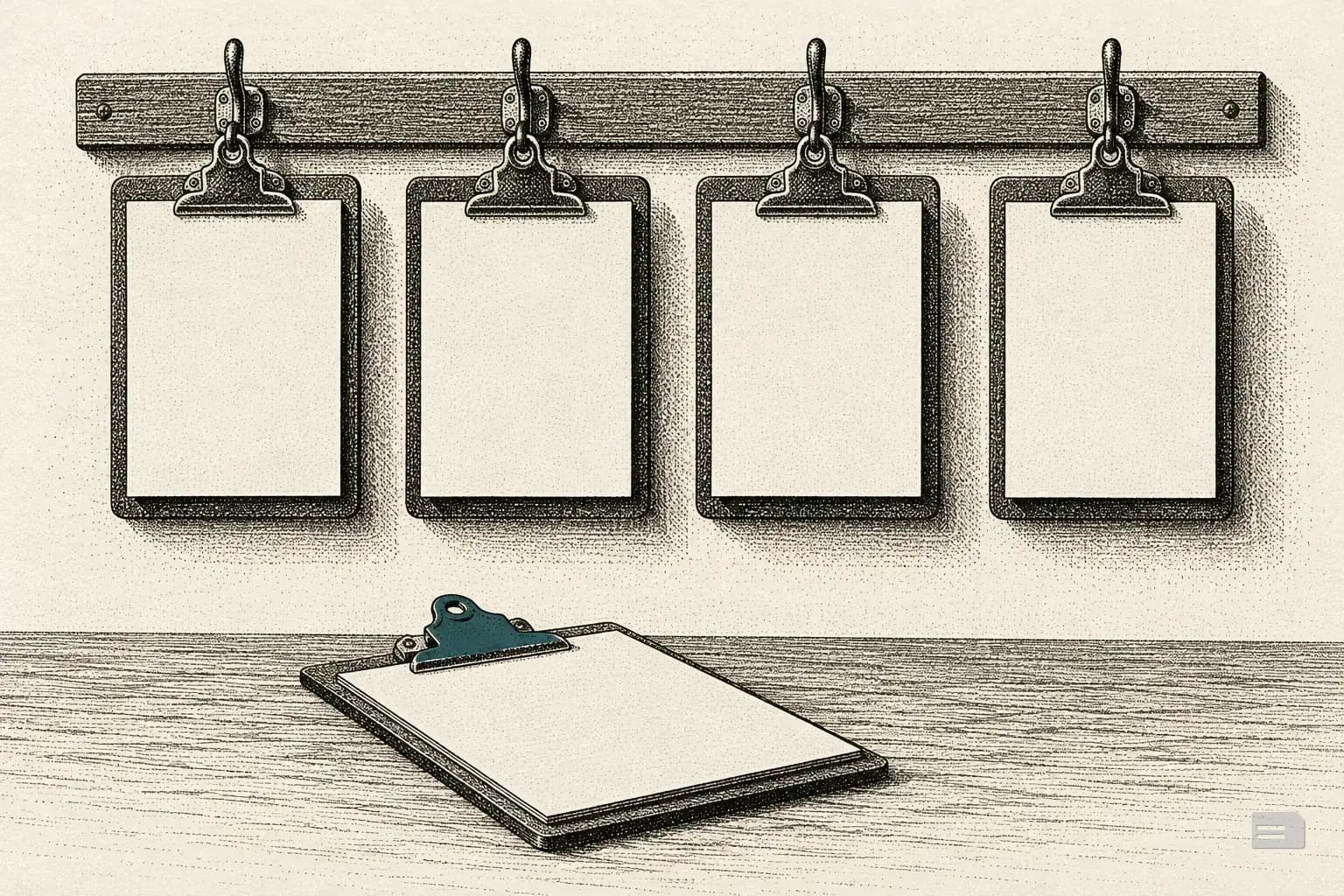 Stipple engraving of four clipboards hanging on a wall rail, one taken down onto the desk