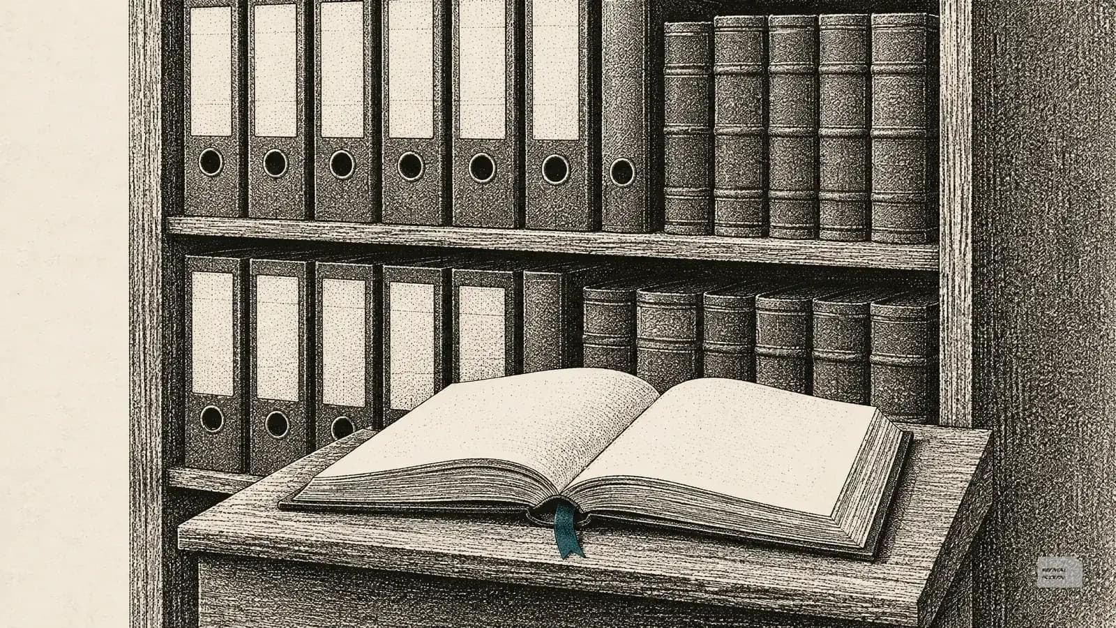 Stipple engraving of a bookcase of files and record books, one book open on a ledge