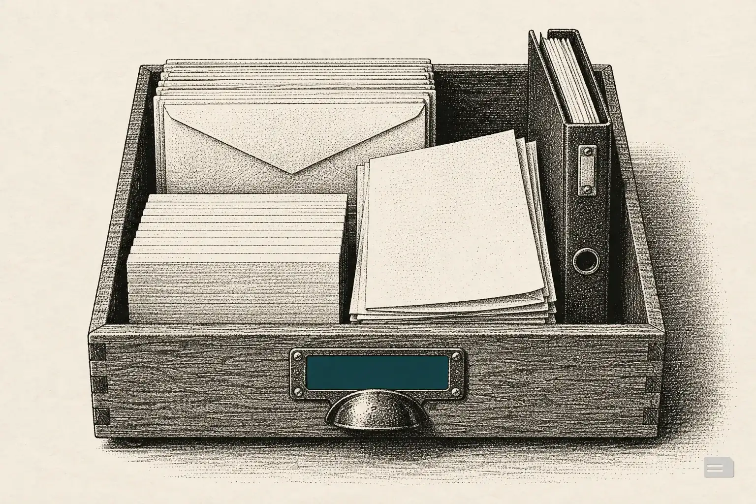 Stipple engraving from above of a tray sorting envelopes, index cards, sheets and a slim binder
