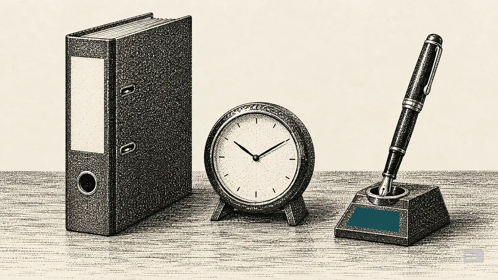 Stipple engraving of an upright binder, a desk clock and a pen in a stand in a row