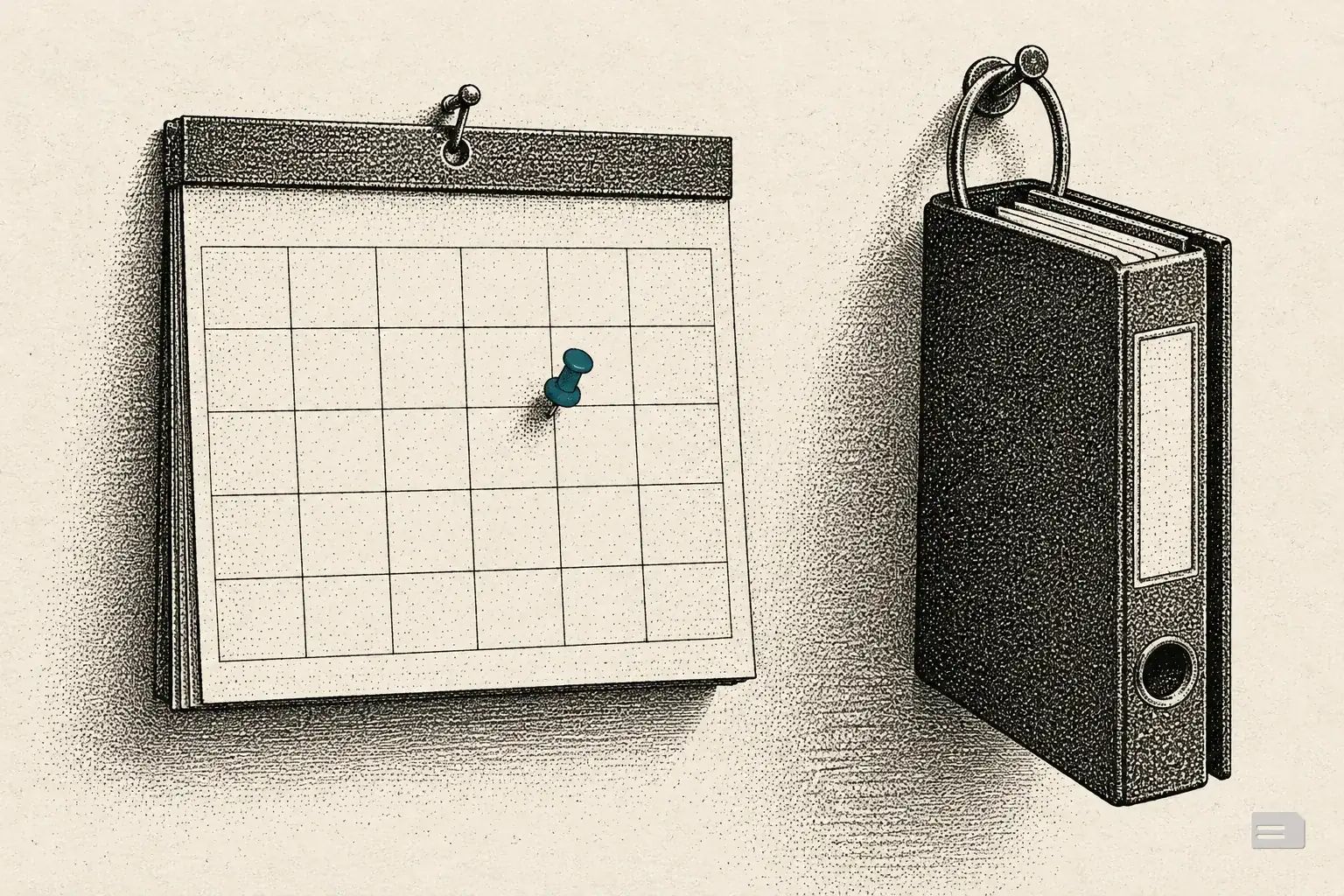 Stipple engraving of a blank wall calendar with one square pinned, a binder hanging beside it