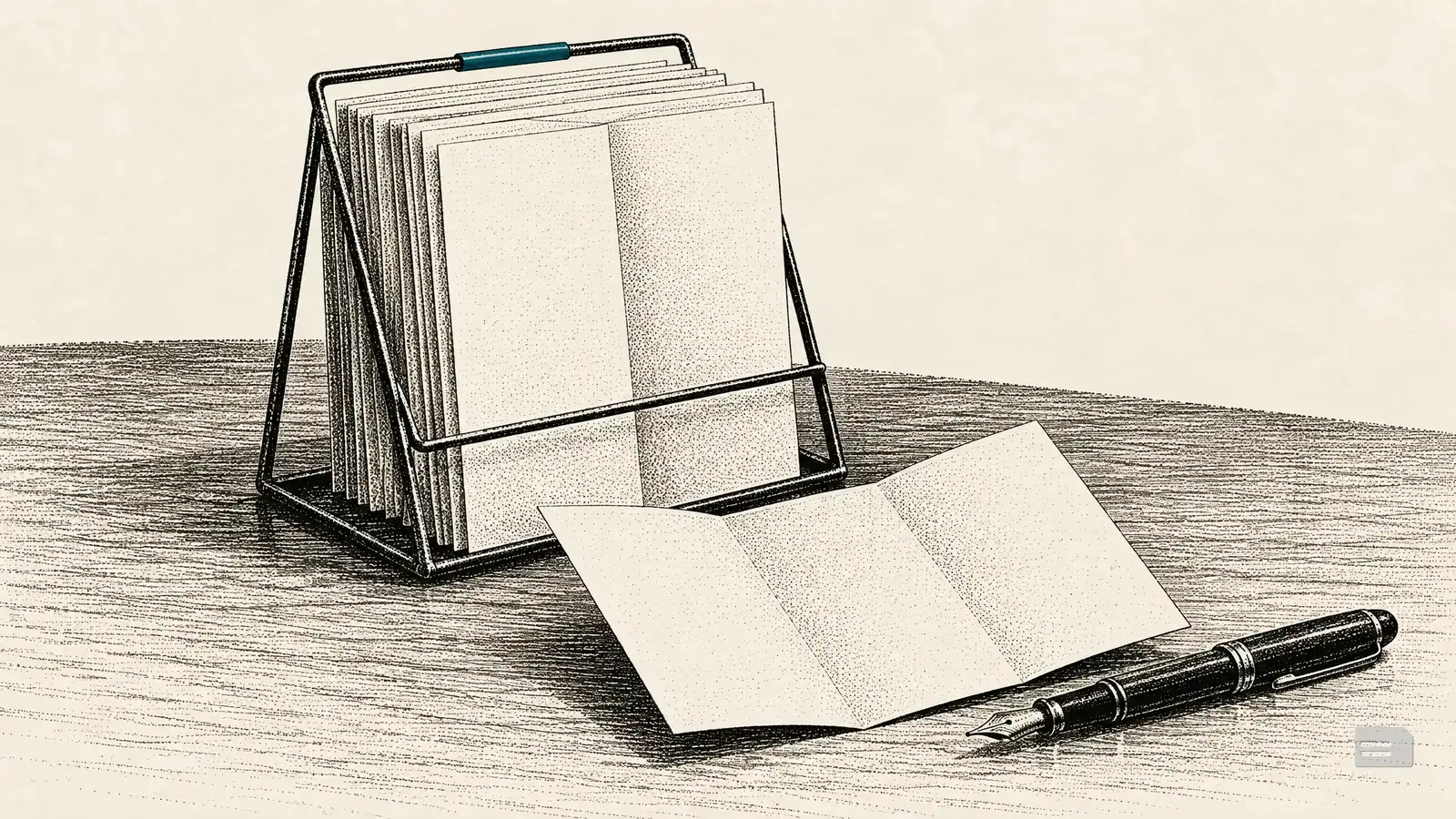 Stipple engraving of a wire stand of blank brochures with one pulled forward and opened