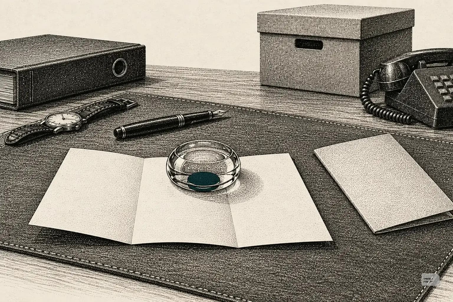Stipple engraving of a blank brochure held flat under a glass paperweight beside another