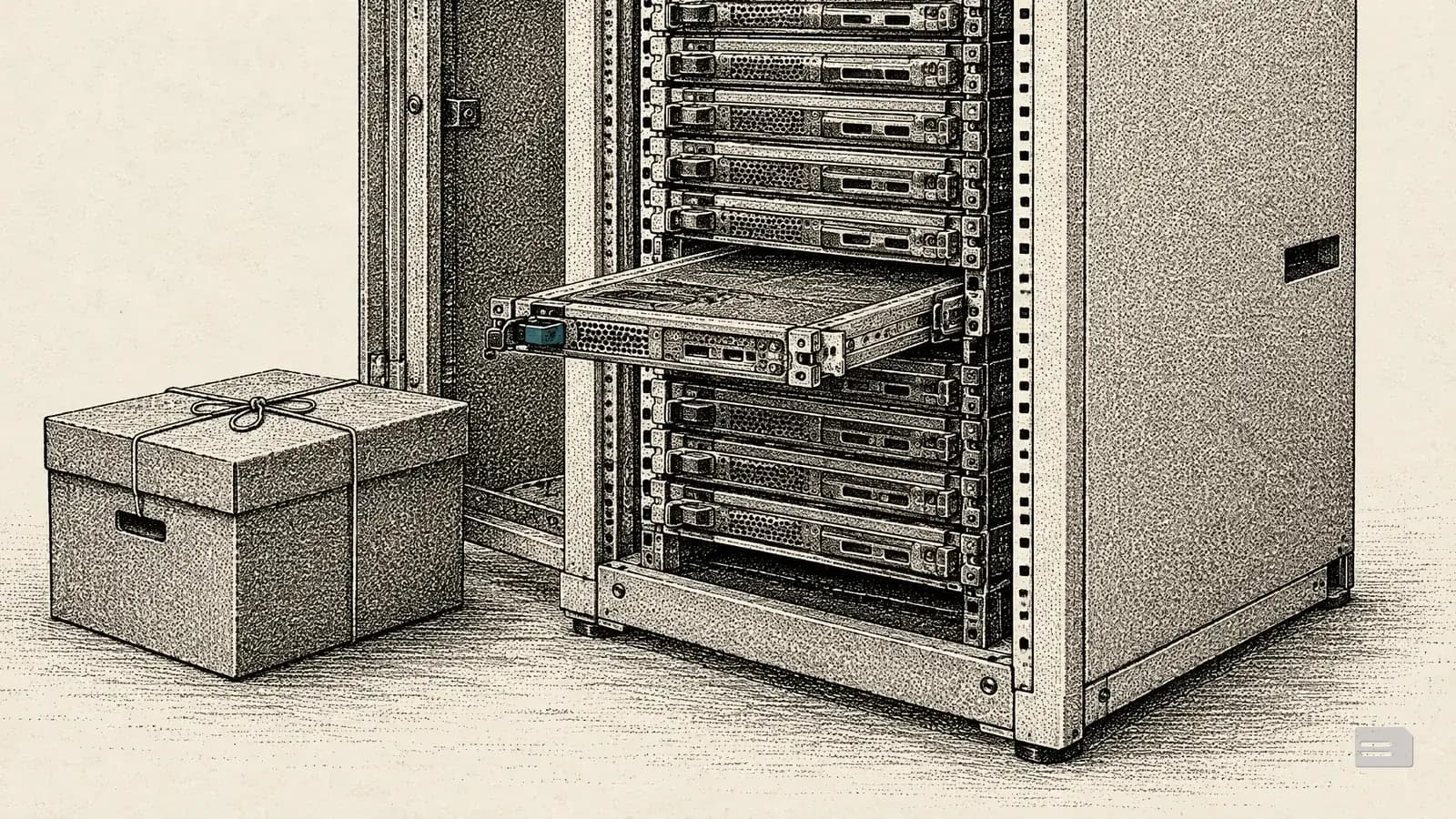 Stipple engraving of an open server cabinet with one drive sled pulled out beside a sealed archive box
