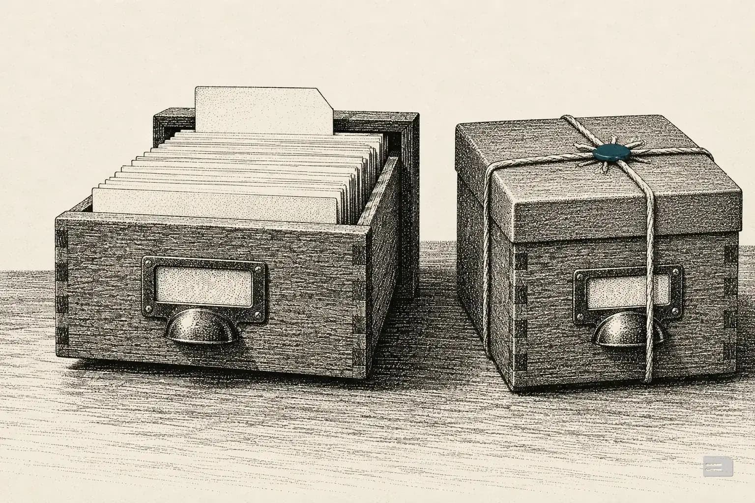 Stipple engraving of two index drawers, one open with a guide card and one tied shut with string