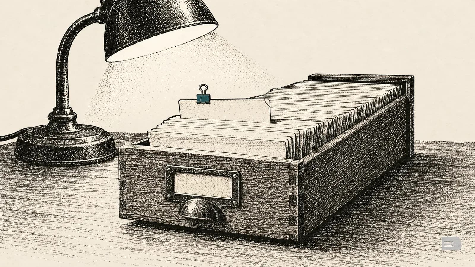 Stipple engraving of a desk lamp over an index drawer with a few cards pulled up