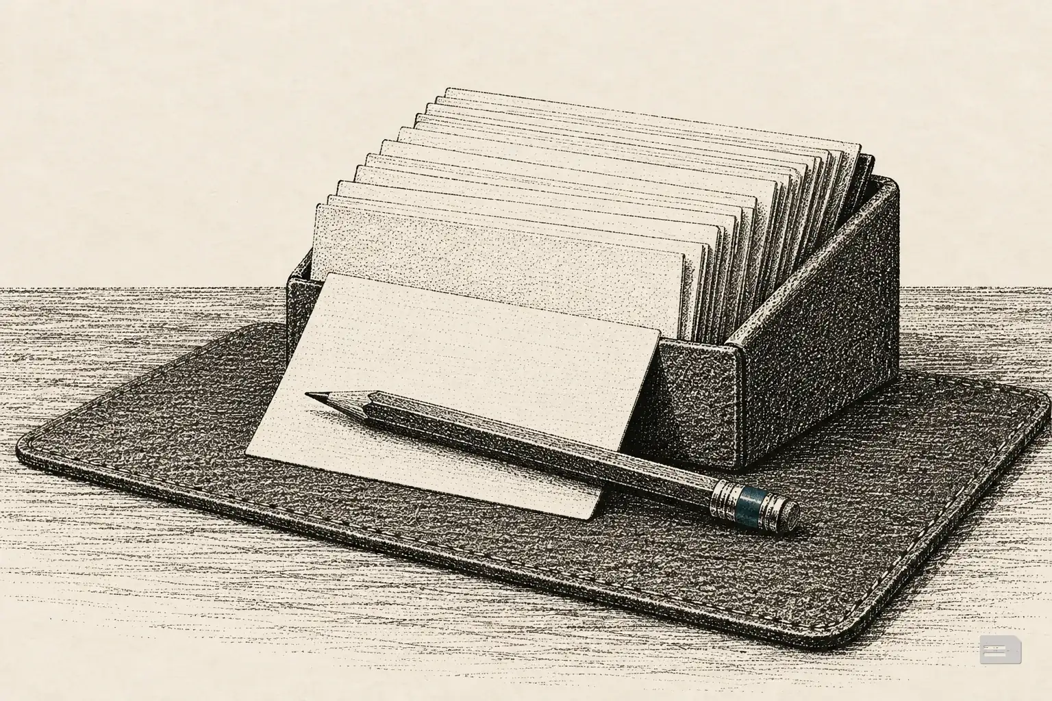Stipple engraving of index cards fanned on a blotter, one turned crosswise under a pencil