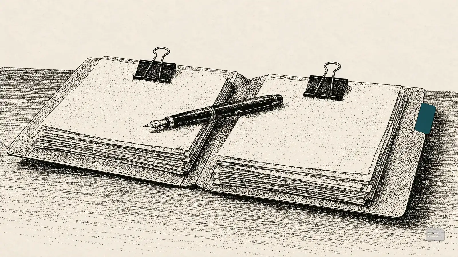 Stipple engraving of an open manila folder with two clipped bundles of pages and a pen