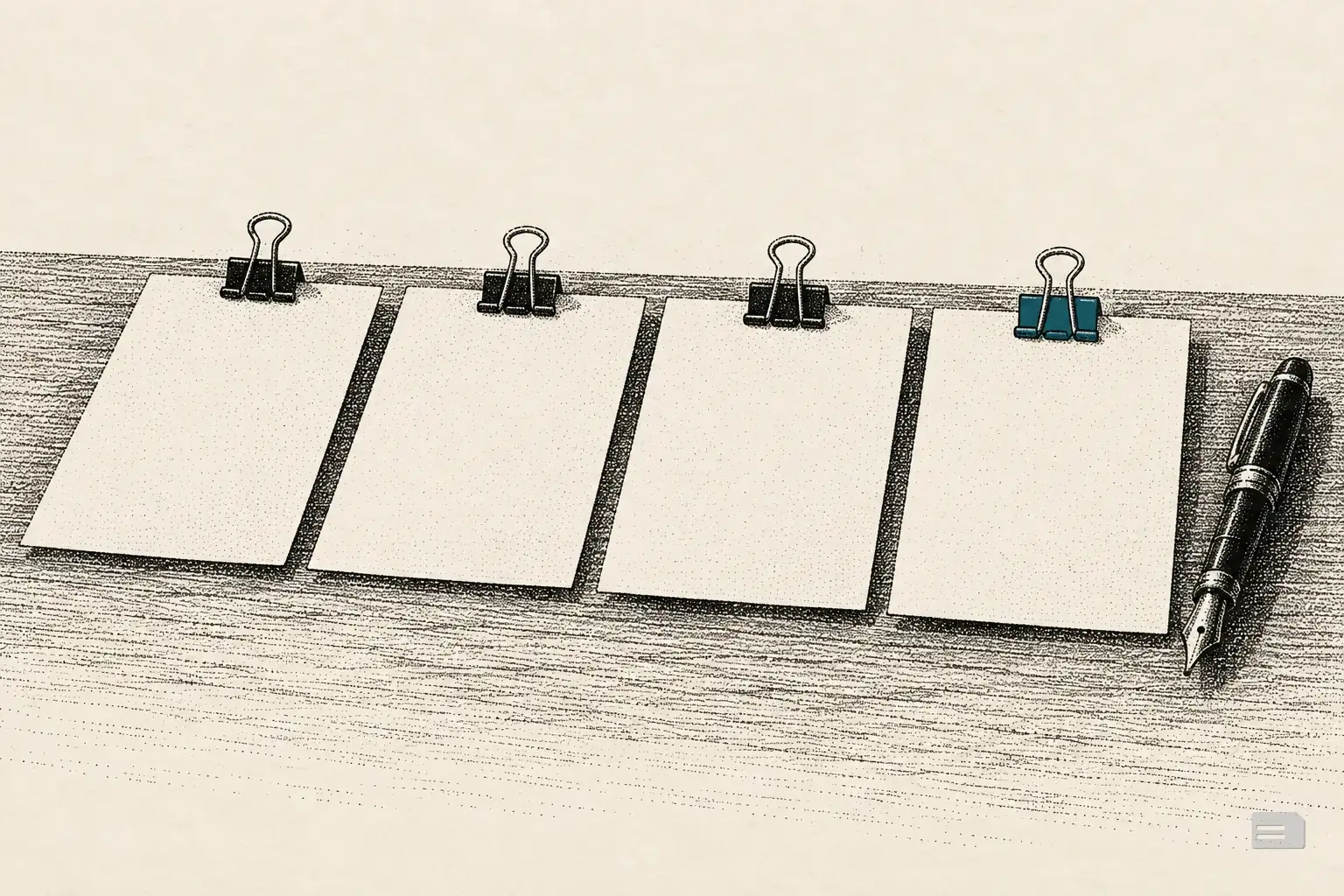 Stipple engraving of four blank sheets laid in a row, each held by a small binder clip