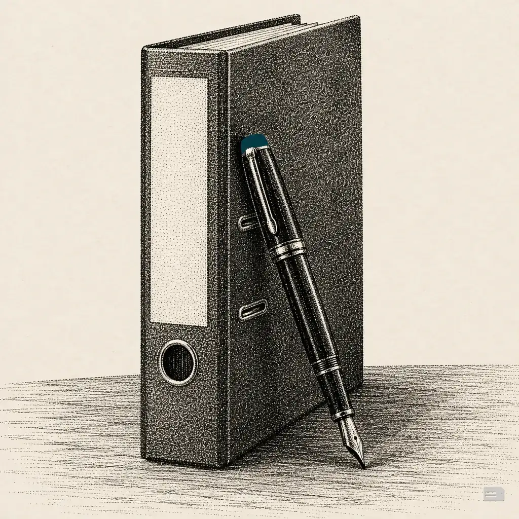 Stipple engraving of an upright ring binder with a fountain pen leaning against it