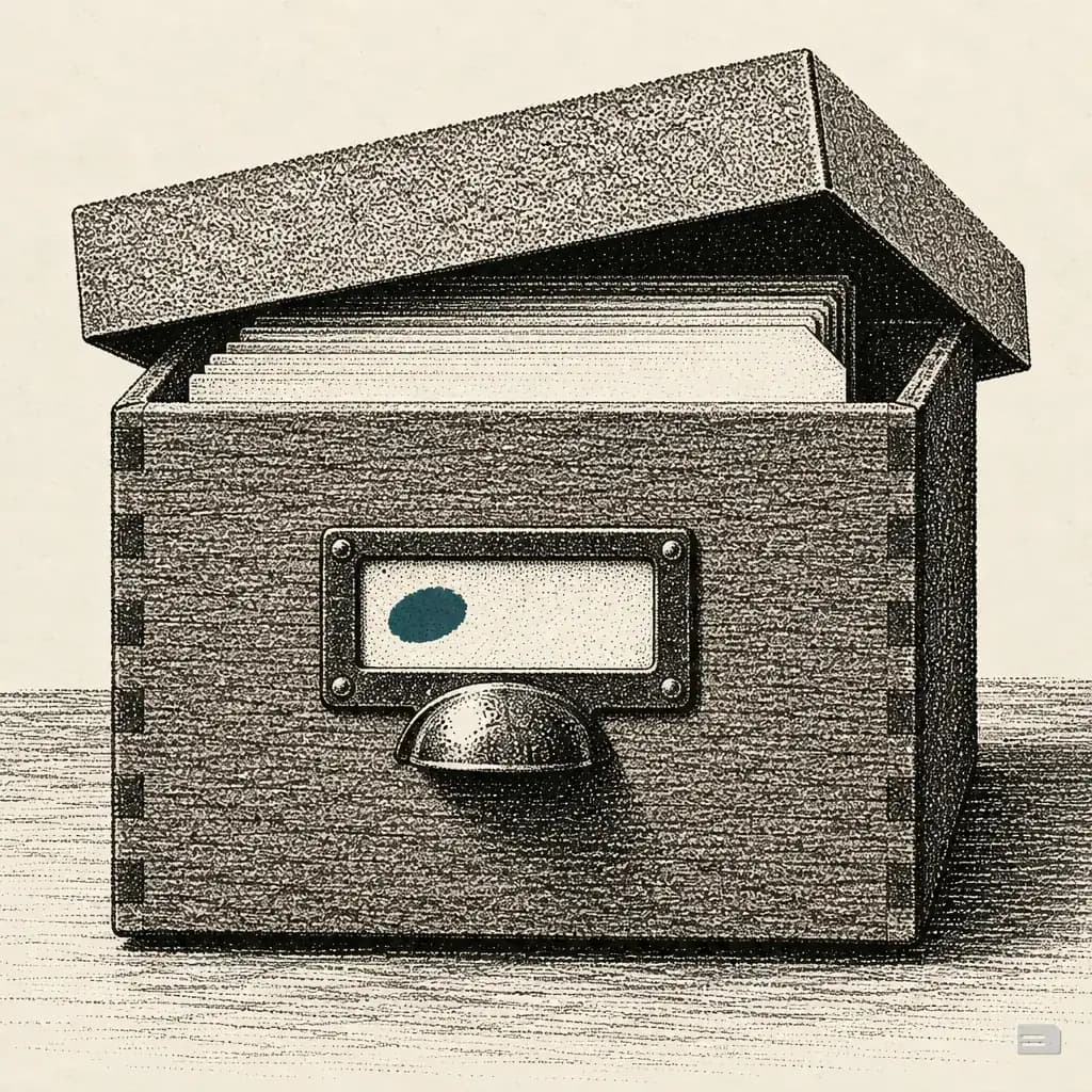 Stipple engraving of an archive box with its lid lifted and a guide card peeking out
