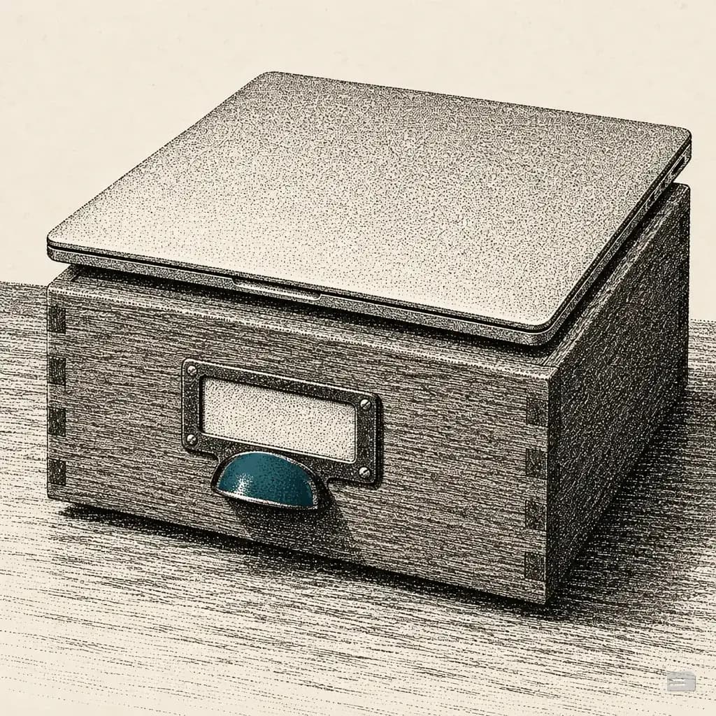 Stipple engraving of a closed laptop lying on top of a card-index box