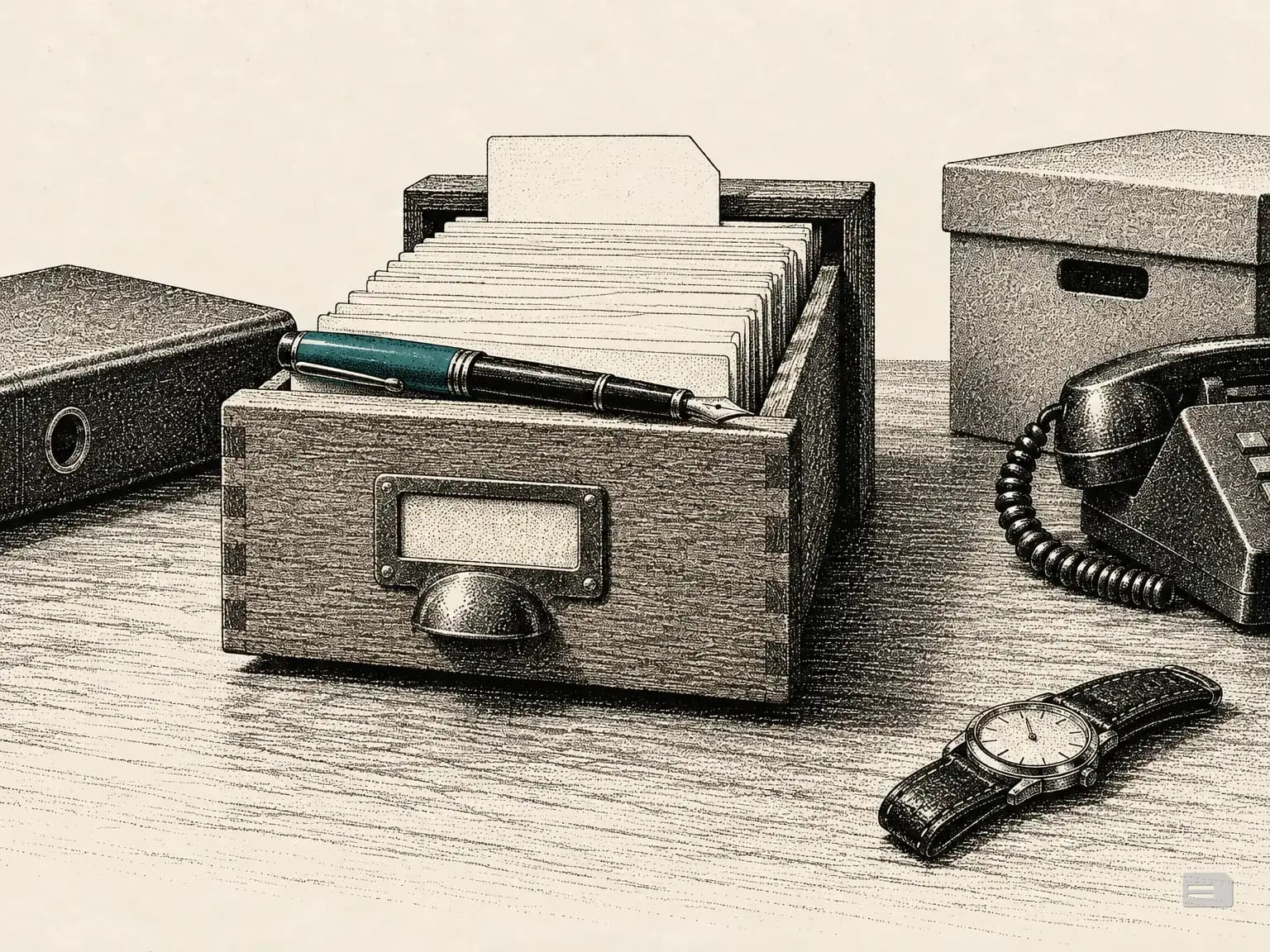 Stipple engraving of an open card-index drawer with one guide card standing above the rest