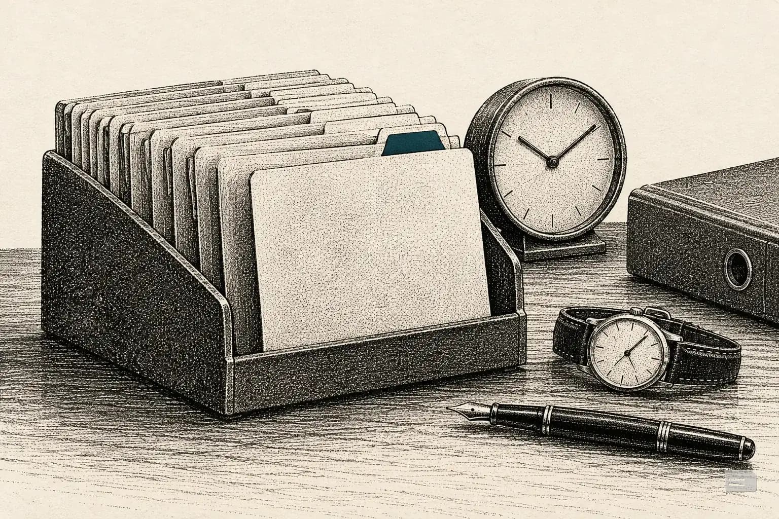 Stipple engraving of thin folders in a desk sorter, one pulled forward, a desk clock behind
