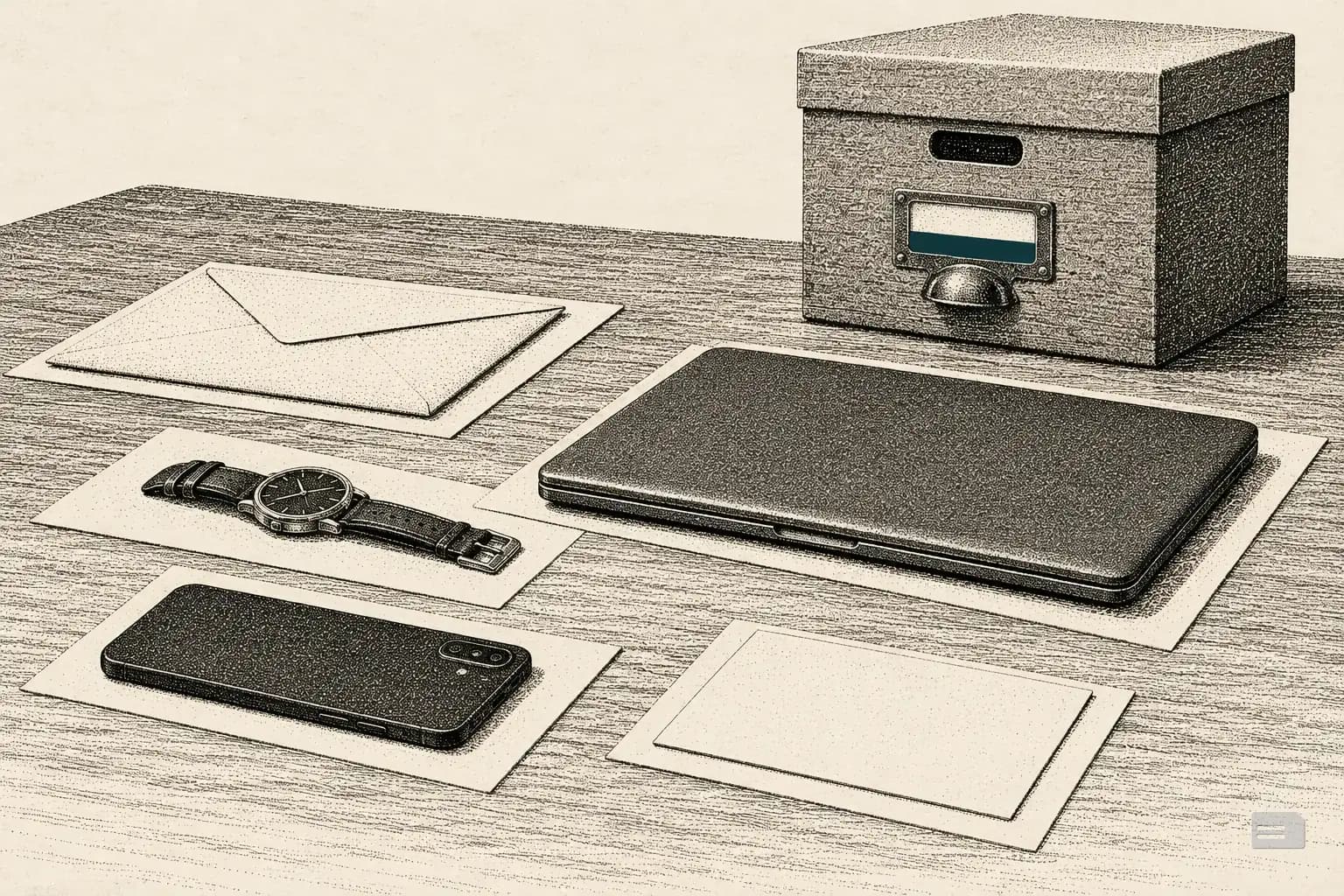 Stipple engraving of an envelope, a phone, a laptop and a postcard each on a card before a box