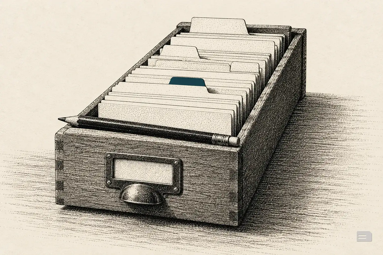 Stipple engraving from above of an index tray of guide cards at staggered tab positions