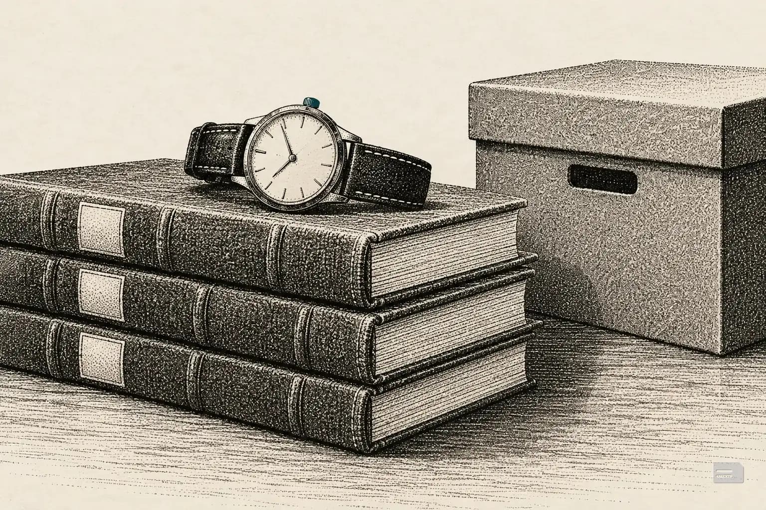 Stipple engraving of a wristwatch on a stack of record books beside an archive box