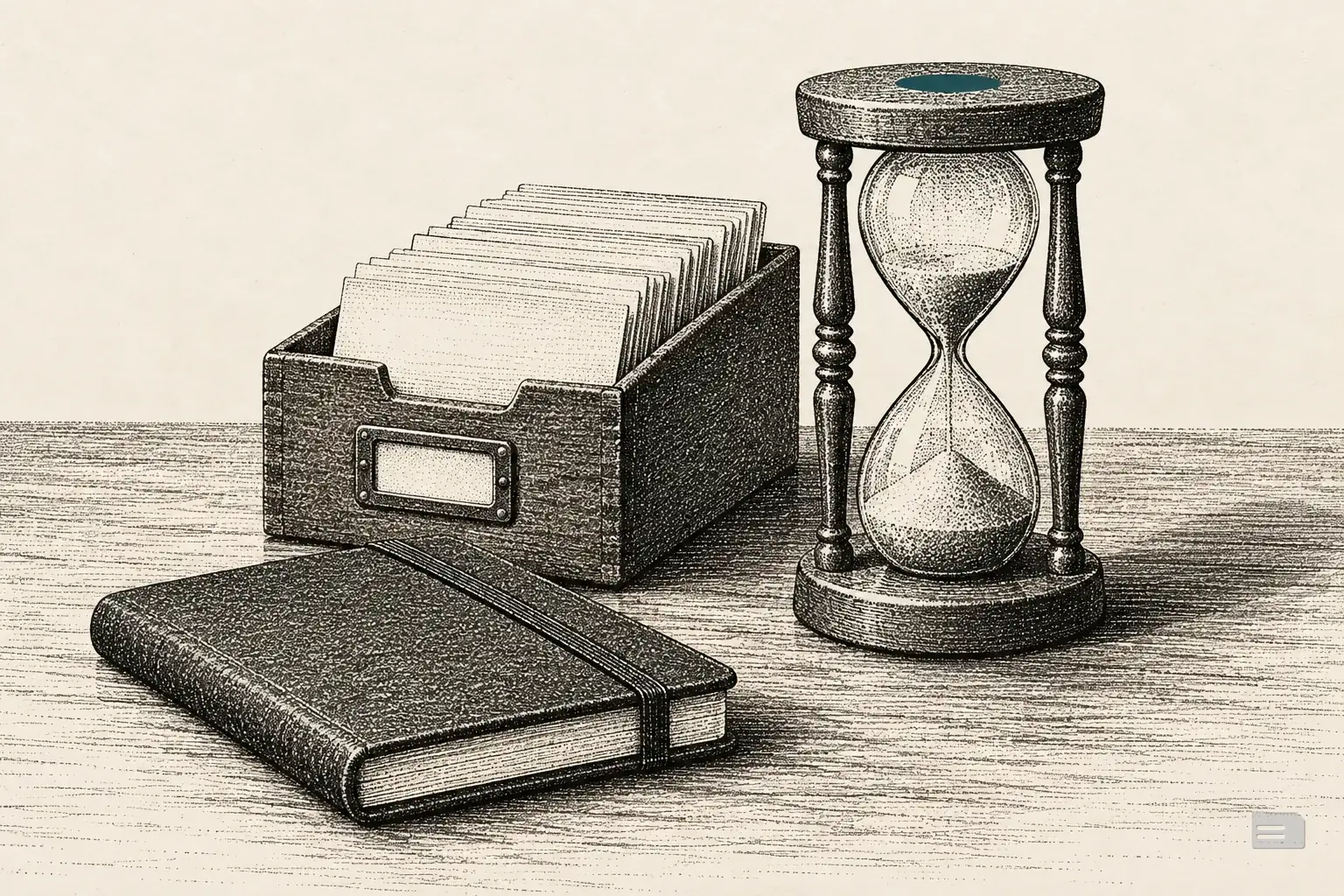 Stipple engraving of an hourglass beside a card box of plain slips and a closed pocket diary
