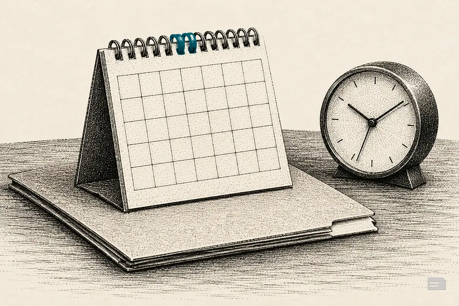 Stipple engraving of a blank tent calendar on a closed folder beside a desk clock