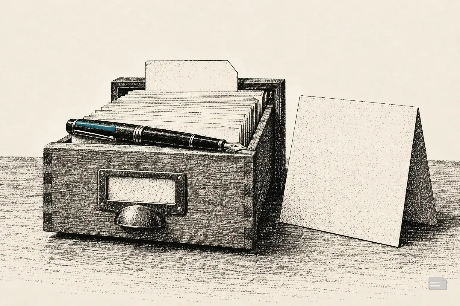 Stipple engraving of a folded two-panel blank card standing beside a card box and a pen