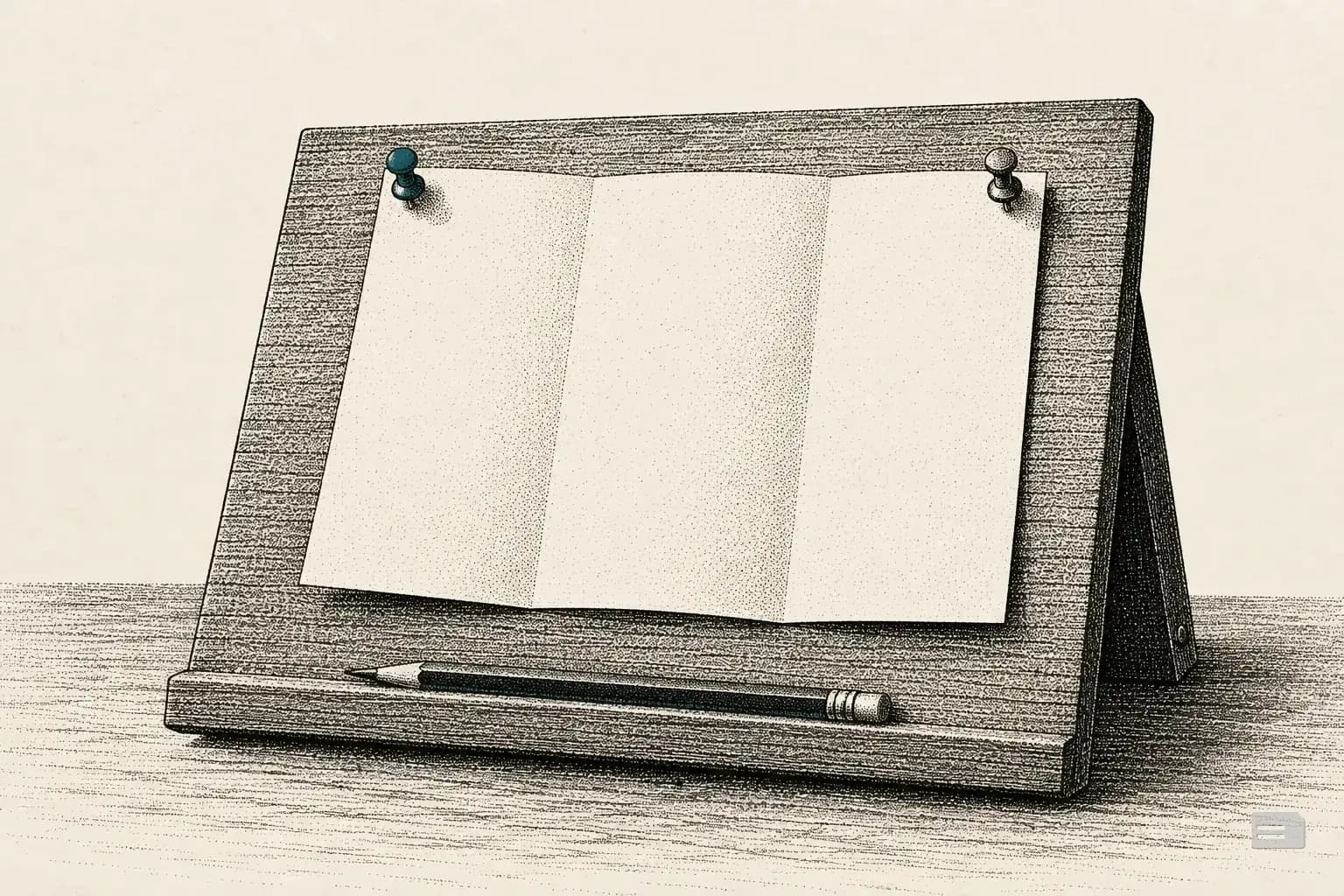 Stipple engraving of a blank brochure pinned flat to a small drafting board with a pencil