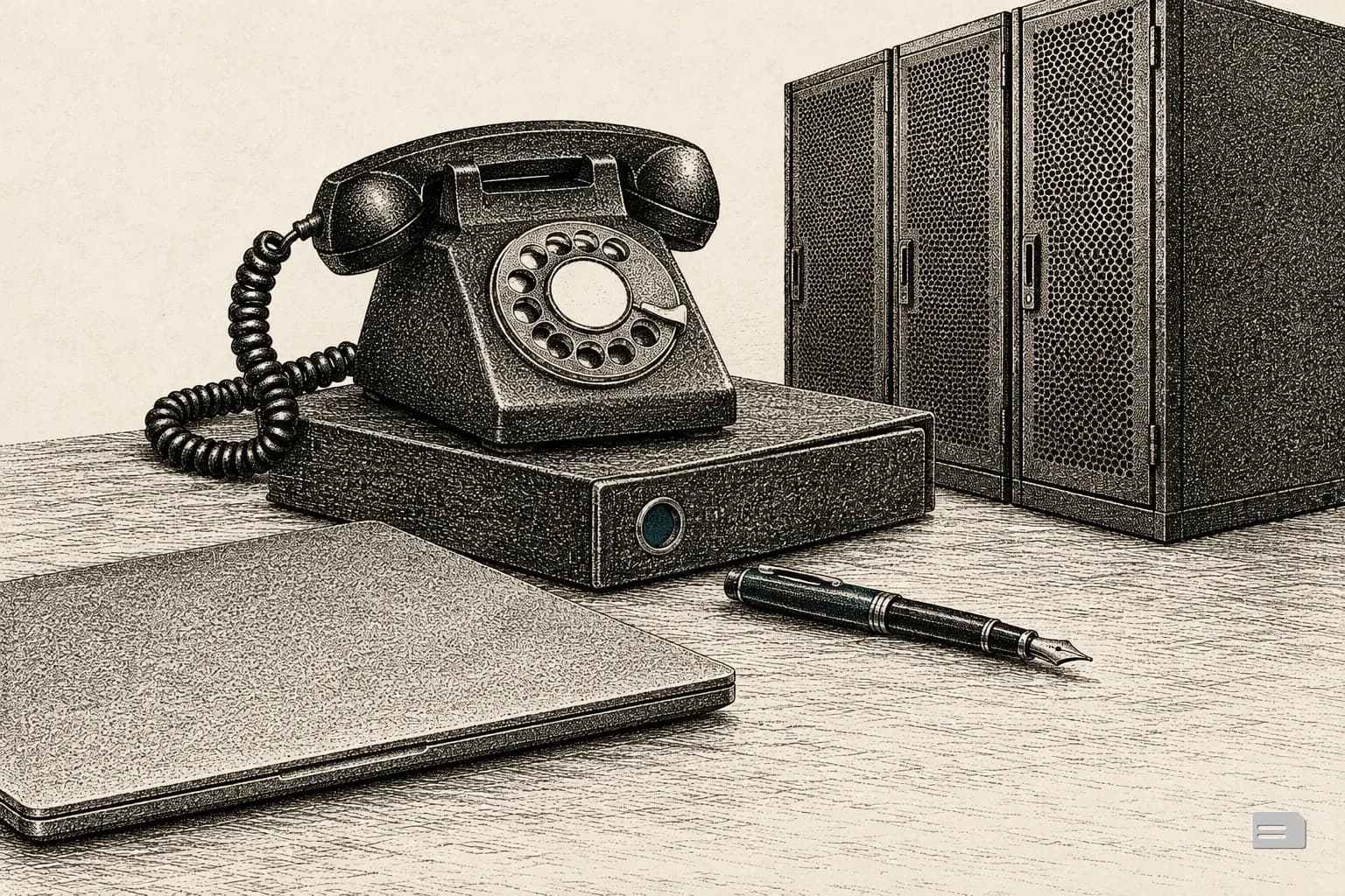 Stipple engraving of a desk telephone sitting on a closed ring binder beside a pen