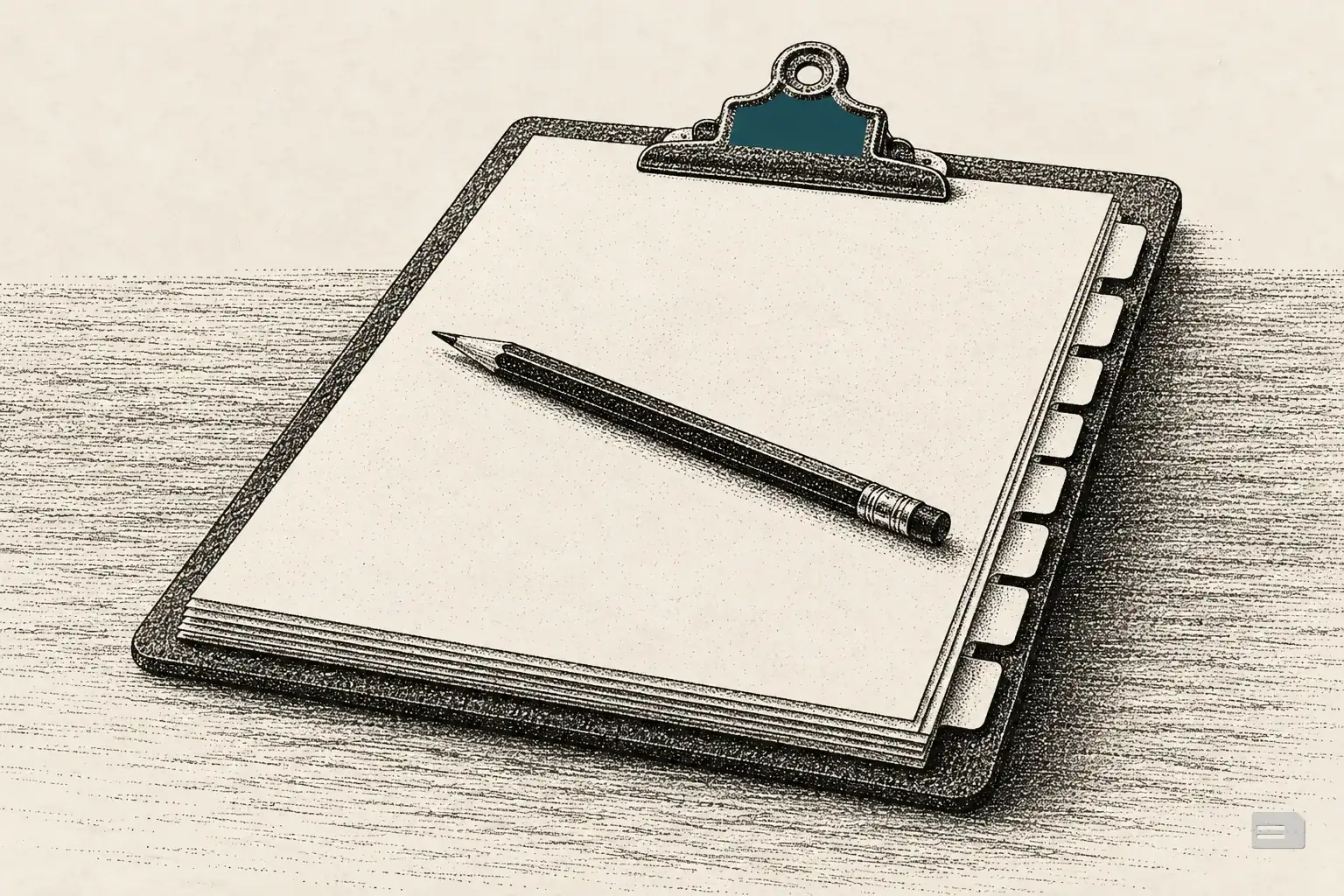 Stipple engraving of a clipboard of blank pages with tab flags along the edge and a pencil