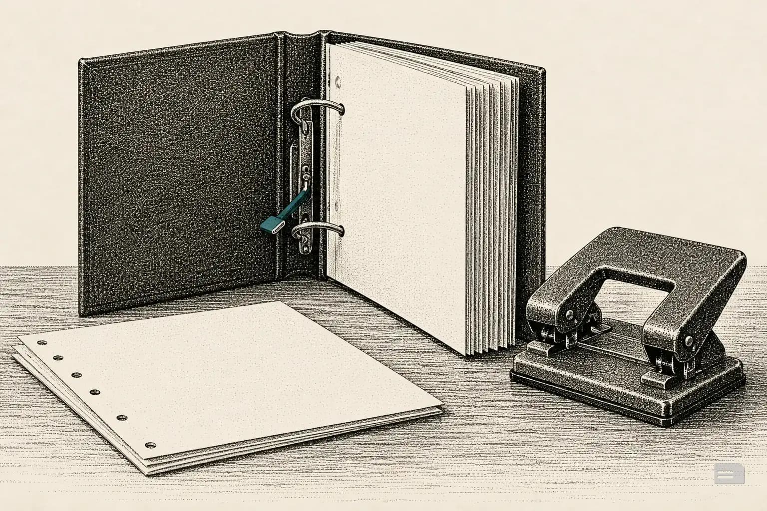 Stipple engraving of an open ring binder of blank pages beside a hole punch and punched sheets