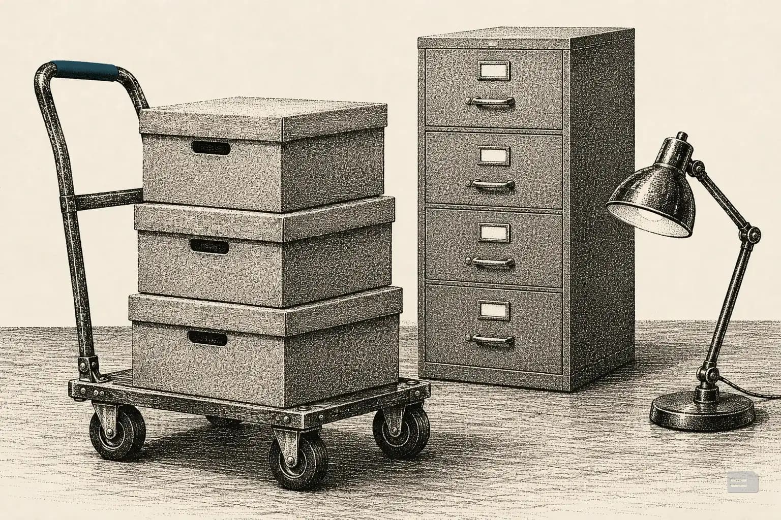 Stipple engraving of a dolly of unopened archive boxes beside a new filing cabinet and a lamp